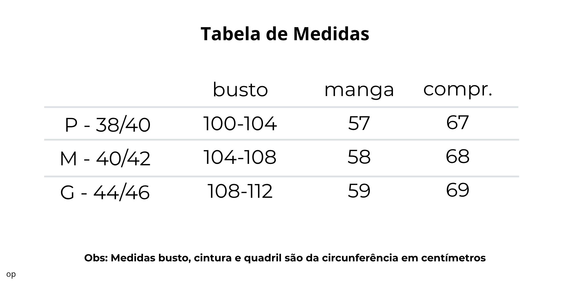 tabela de medidas